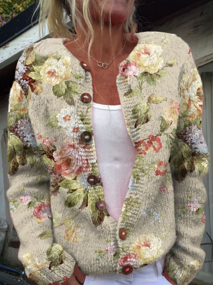 Iris – Retro Fresh Flowers Print Buttoned Cardigan Sweater