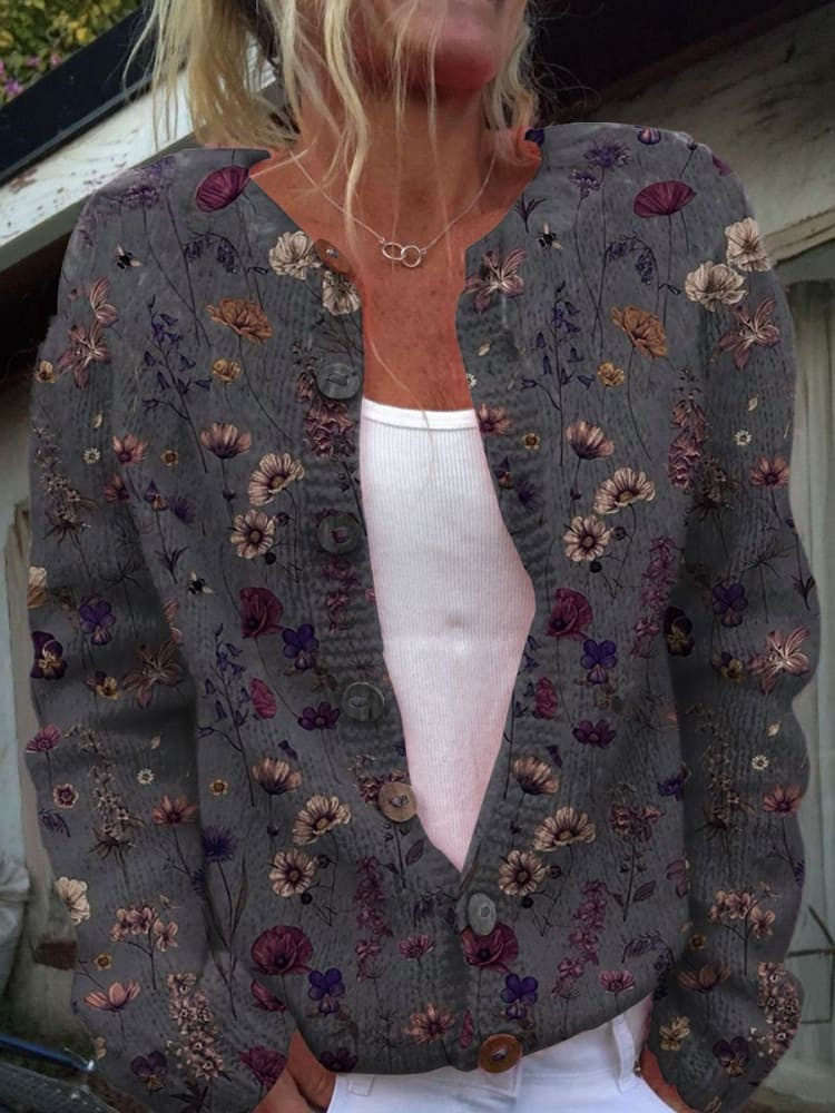 Marigold – Floral Art Print Buttoned Cardigan Sweater