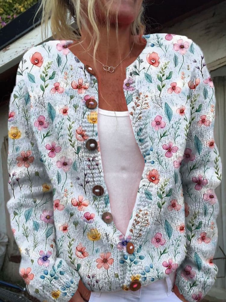 Beatrice – Vintage Flower Art Print Buttoned Cardigan Sweater