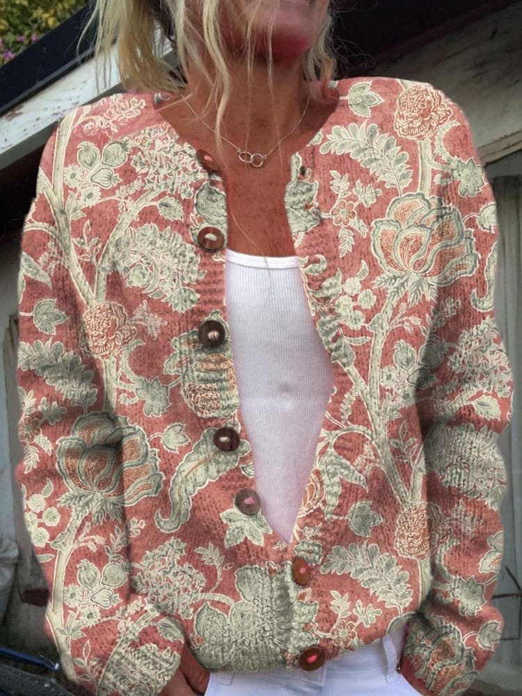 Maeve – Vintage Hand Drawn Floral Pattern Print Buttoned Cardigan Sweater