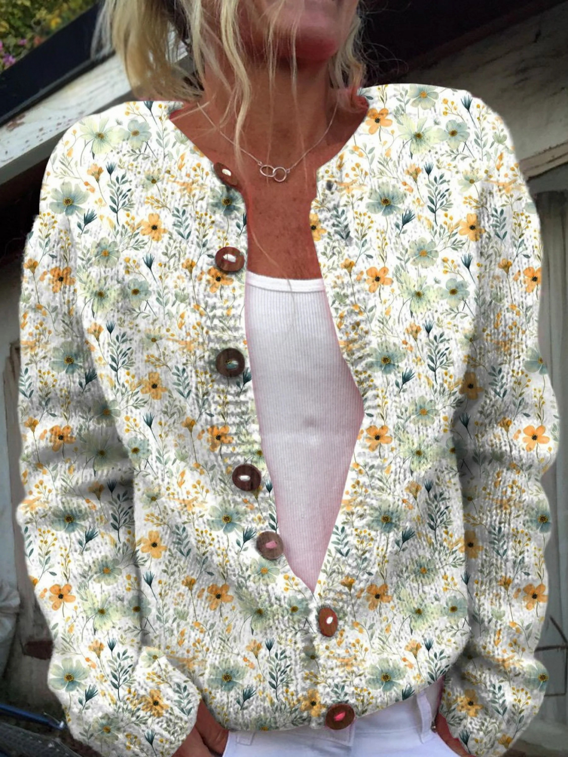 Hazel – Lovely Meadows Floral Pattern Printed Buttoned Cardigan Sweater