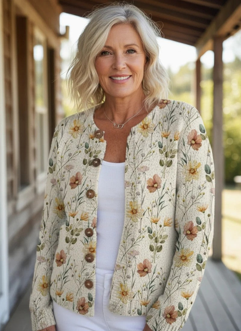 Elodie – Watercolor Garden Floral Pattern Printed Buttoned Cardigan Sweater