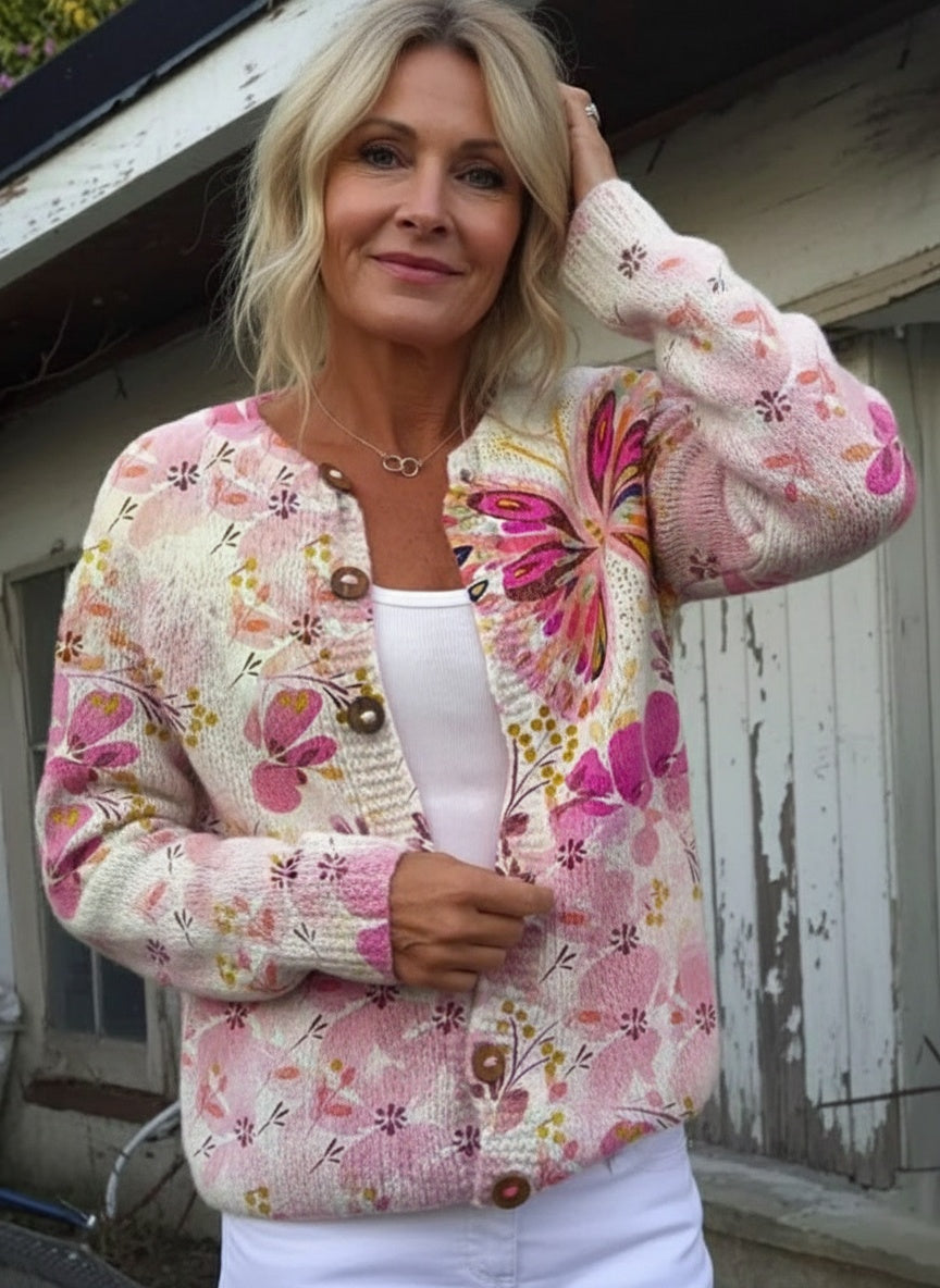 Lilia – Women's Lovely Butterfly Floral Art Print Buttoned Cardigan Sweater
