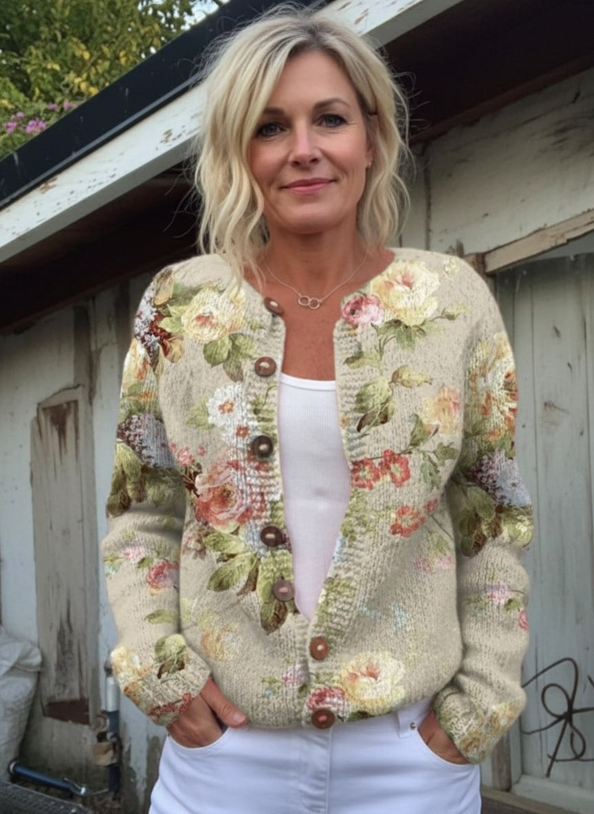 Iris – Retro Fresh Flowers Print Buttoned Cardigan Sweater