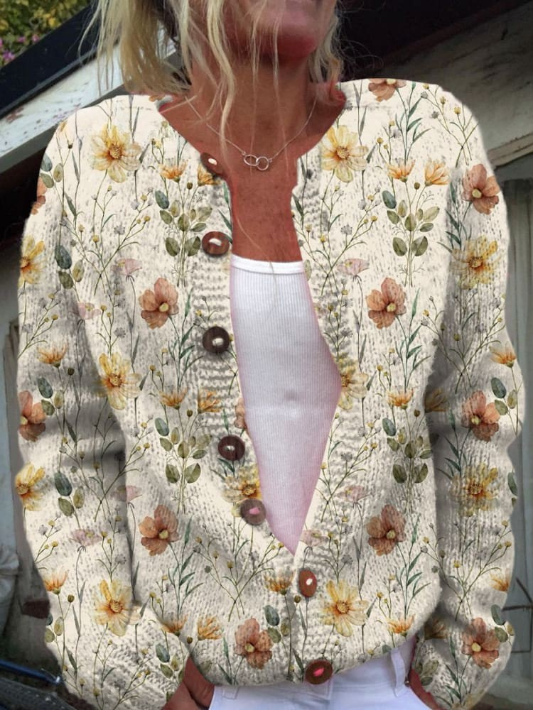 Elodie – Watercolor Garden Floral Pattern Printed Buttoned Cardigan Sweater