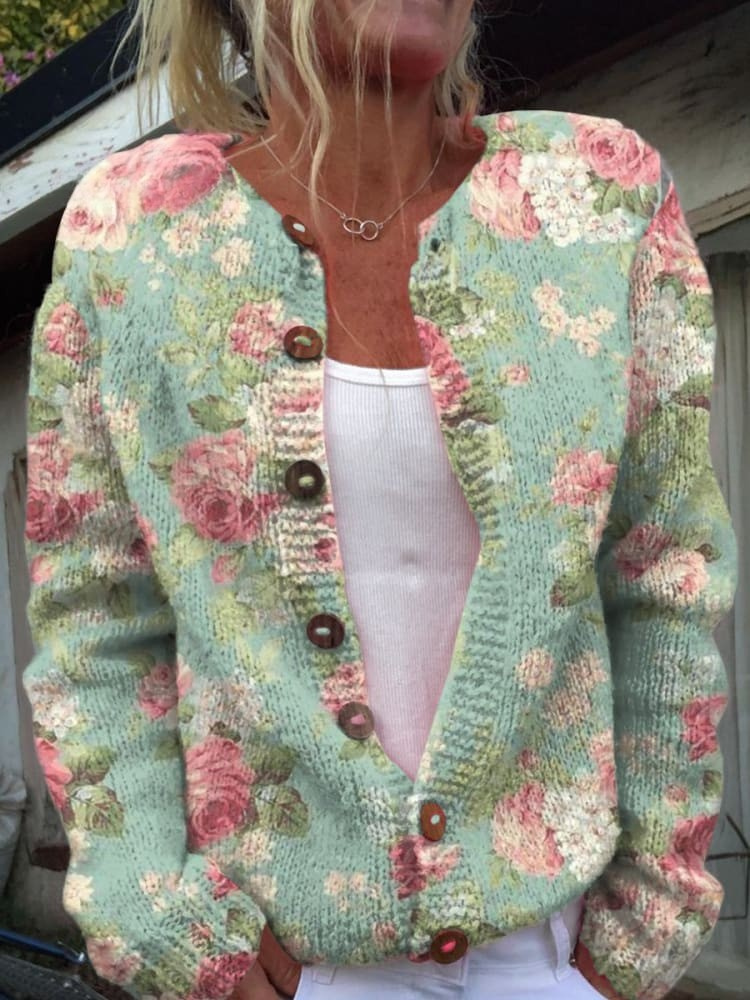 Rosalie – Fresh Retro Flowers Print Buttoned Cardigan Sweater